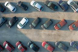 Aerial view of new cars on dealer lot